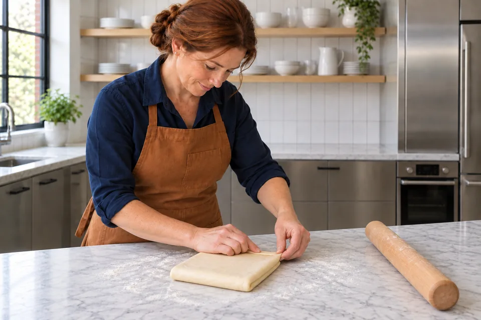 Hands enclose one small butter square inside the chilled dough.
