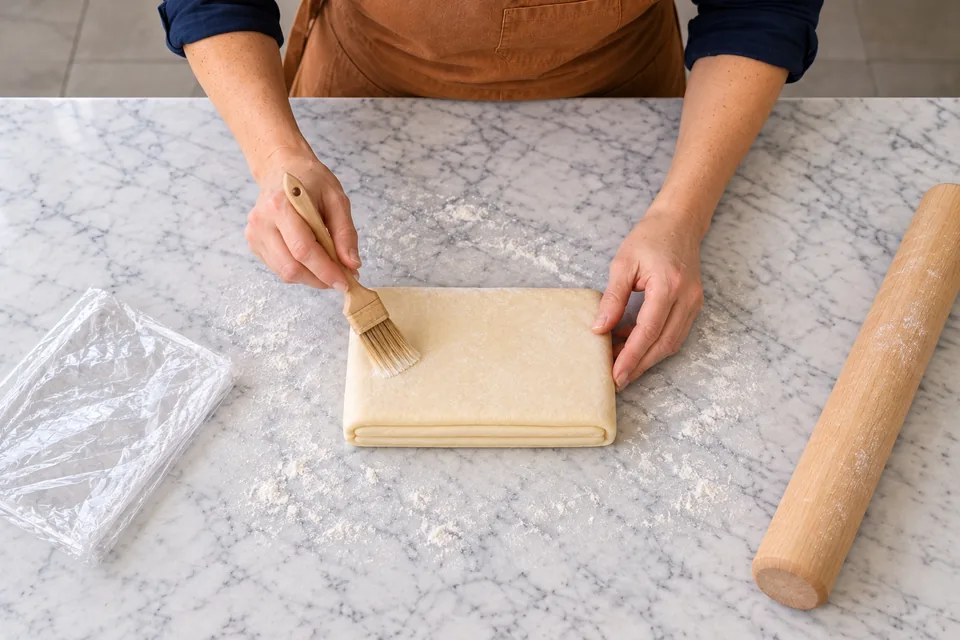 The cook brushes loose flour from one cool letter-folded laminated dough packet.