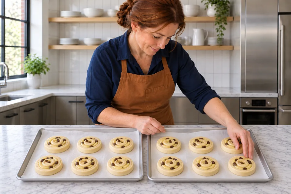 Twelve small raw raisin-and-custard spirals sit on two lined trays.