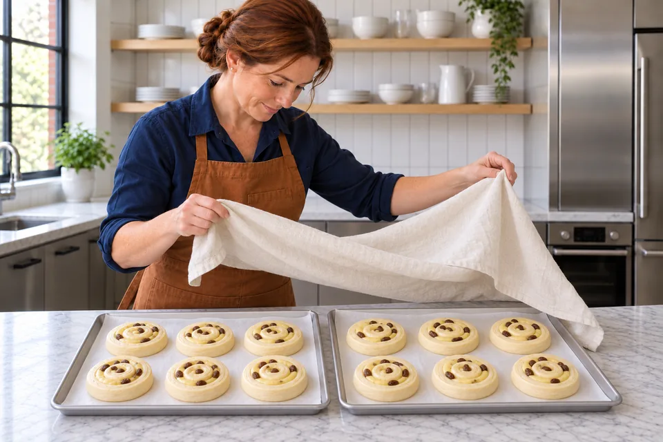 The cook uncovers twelve proofed raisin Danish spirals on two trays.