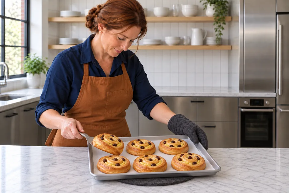 The cook checks the browned base of one of six baked raisin spirals.