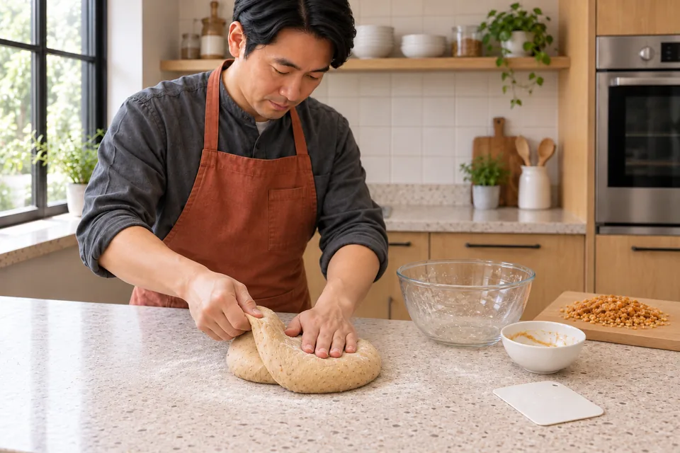 The cook folds and kneads one modest batch of peanut dough, with brittle kept separate.