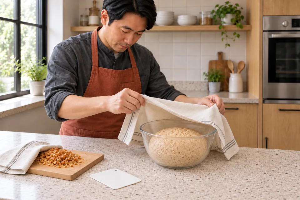 The cook lifts a cloth from risen peanut dough while chopped brittle remains separate.