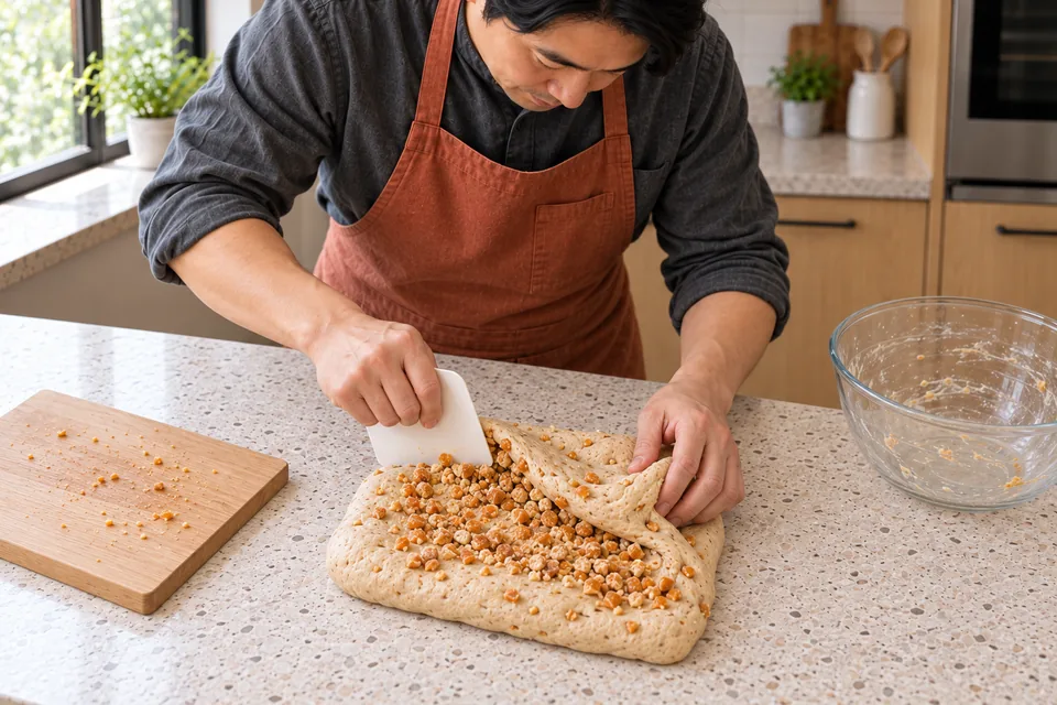 The cook folds small chopped peanut-brittle pieces into the peanut dough with a scraper.