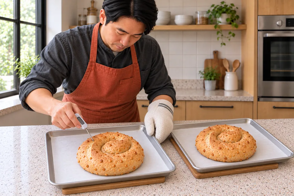 Checking the centre of a baked peanut loaf with a thermometer while the second loaf rests on its tray.