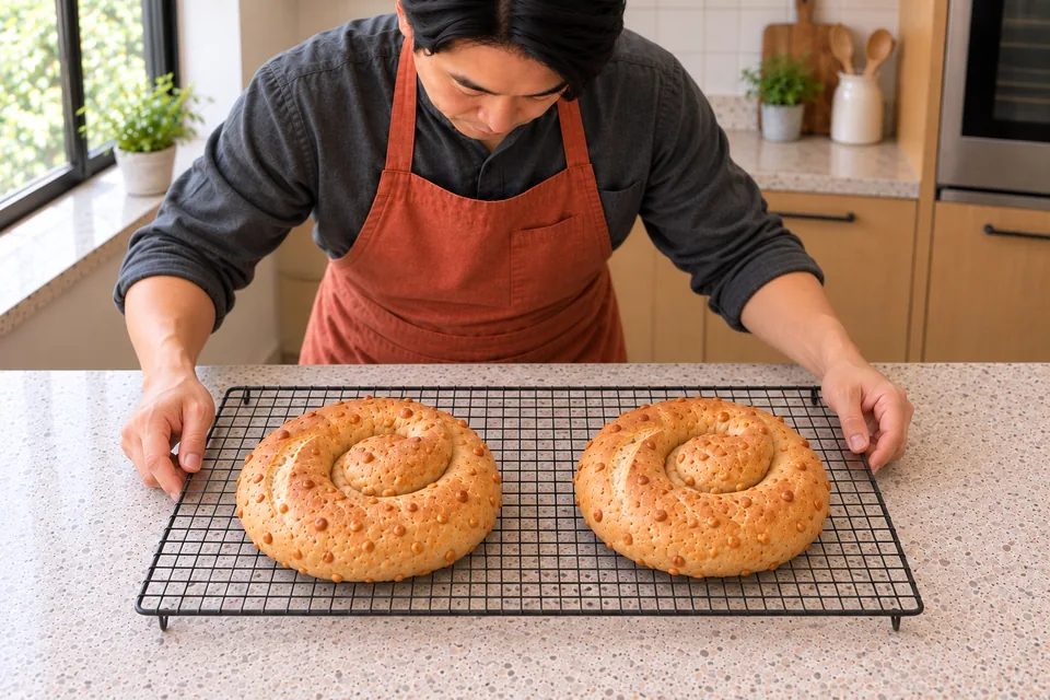Two baked peanut bread coils cooling side by side on a wire rack.