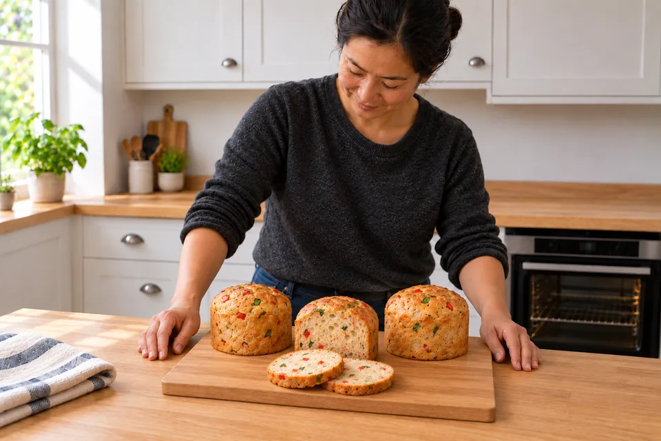 Two whole golden cylindrical vegetable loaves stand behind a third cut loaf and two matching slices showing red pepper, onion and basil through the crumb.