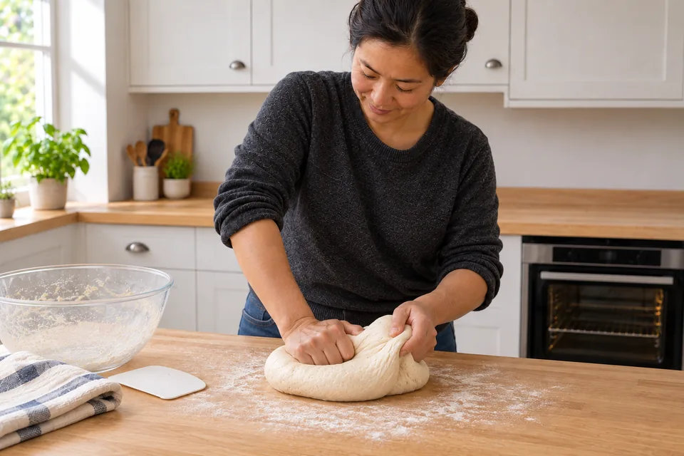 The cook kneads one smooth pale dough on the oak counter, with no vegetables or herbs added yet.
