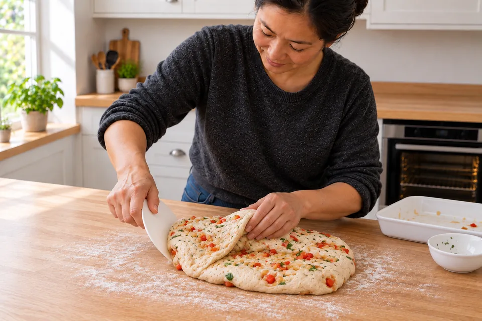The cook folds the cooked red pepper, onion and chopped basil through the pale dough with a scraper.