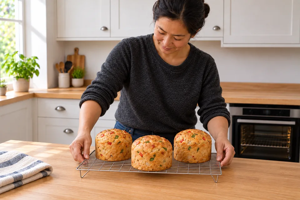 Three whole golden vegetable loaves stand without paper or moulds on a raised cooling rack.