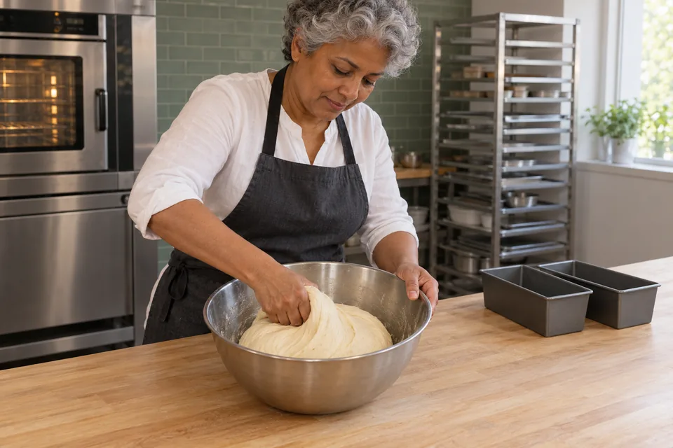 Baker kneads a smooth pale milk-bread dough in a steel bowl beside two empty small loaf tins.