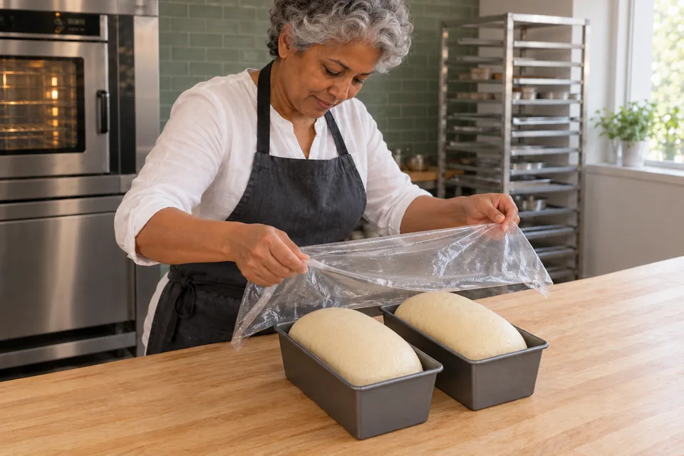 Baker lifts a loose cover above two expanded pale milk-bread loaves in their tins.