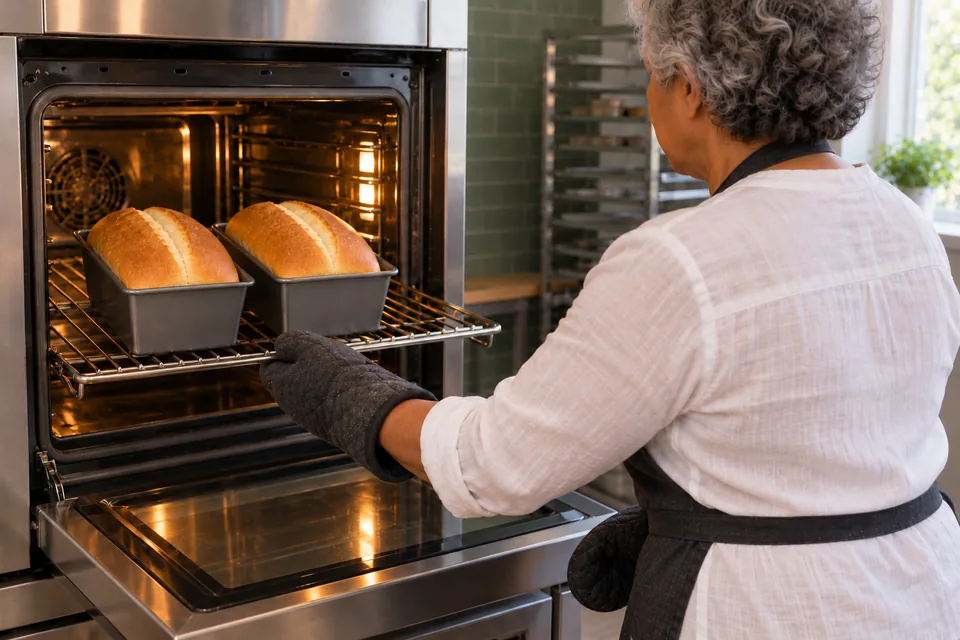 Baker wearing oven mitts draws out an oven rack holding two golden milk loaves, each with one long opened slash.