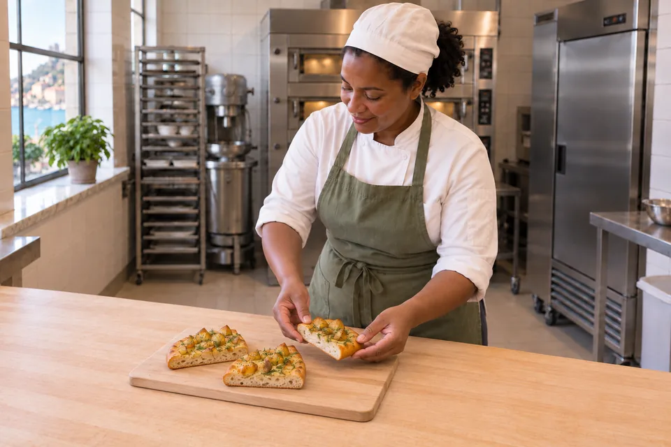 The baker holds one small portion of potato and dill flatbread above a board with two more portions, showing their shallow golden crust and set crumb.