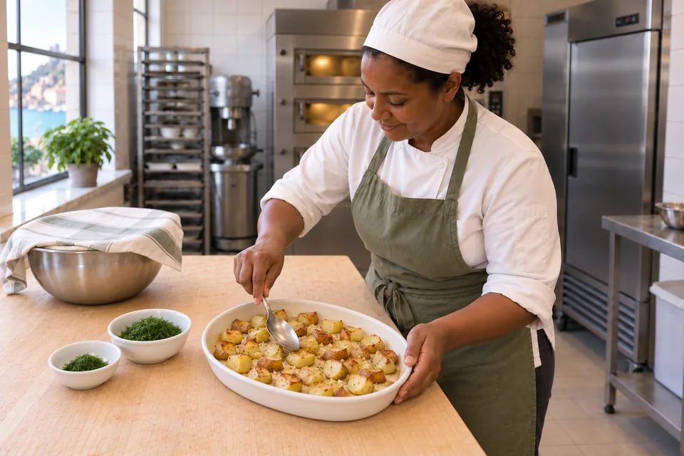 Browned potato pieces cool in a shallow dish beside two separate portions of chopped dill.