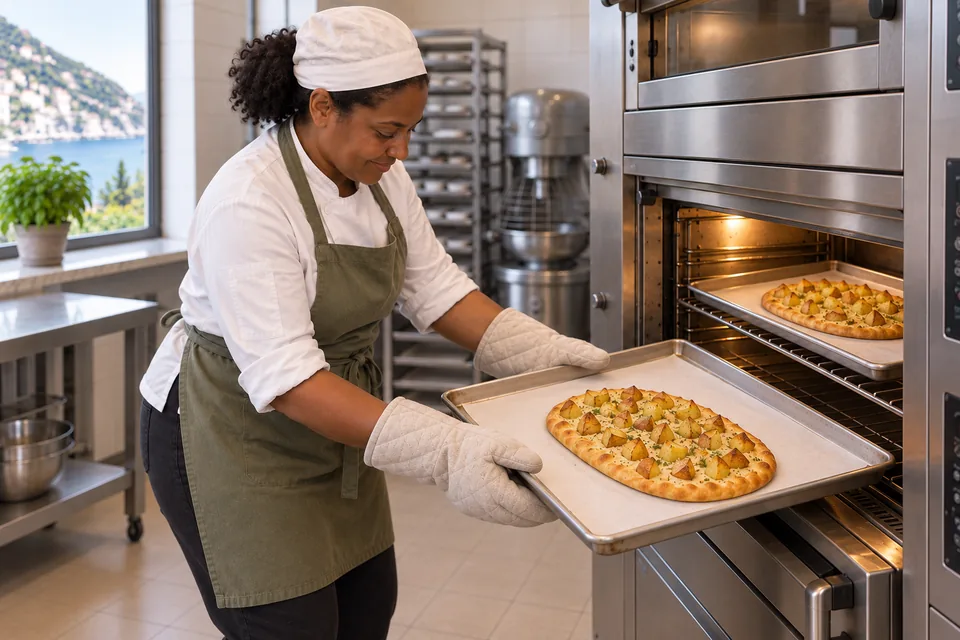 Wearing oven mitts, the baker removes one tray of golden potato flatbread while the second remains on the other rack.