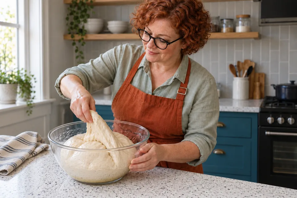 Oiled hands fold plain focaccia dough inside a bowl.