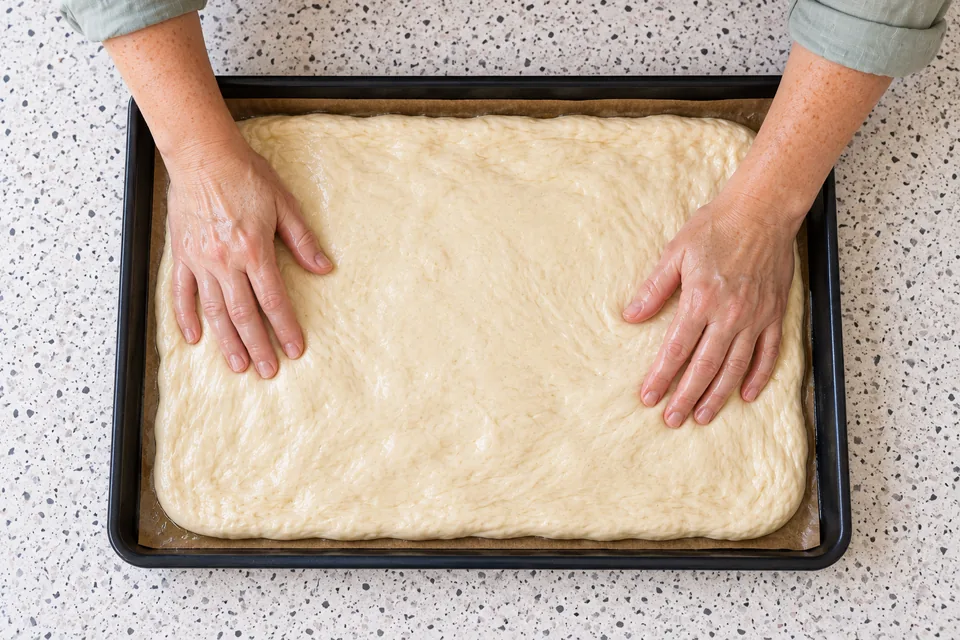 Plain dough is eased into an even shallow rectangle.