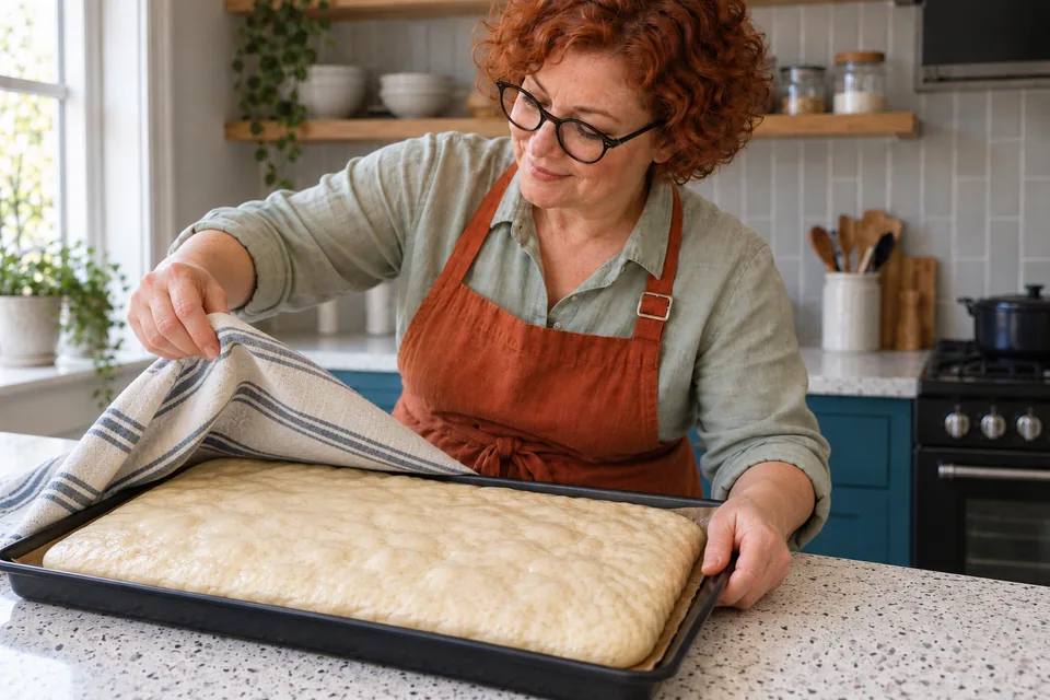 The plain focaccia dough has expanded in its tray.