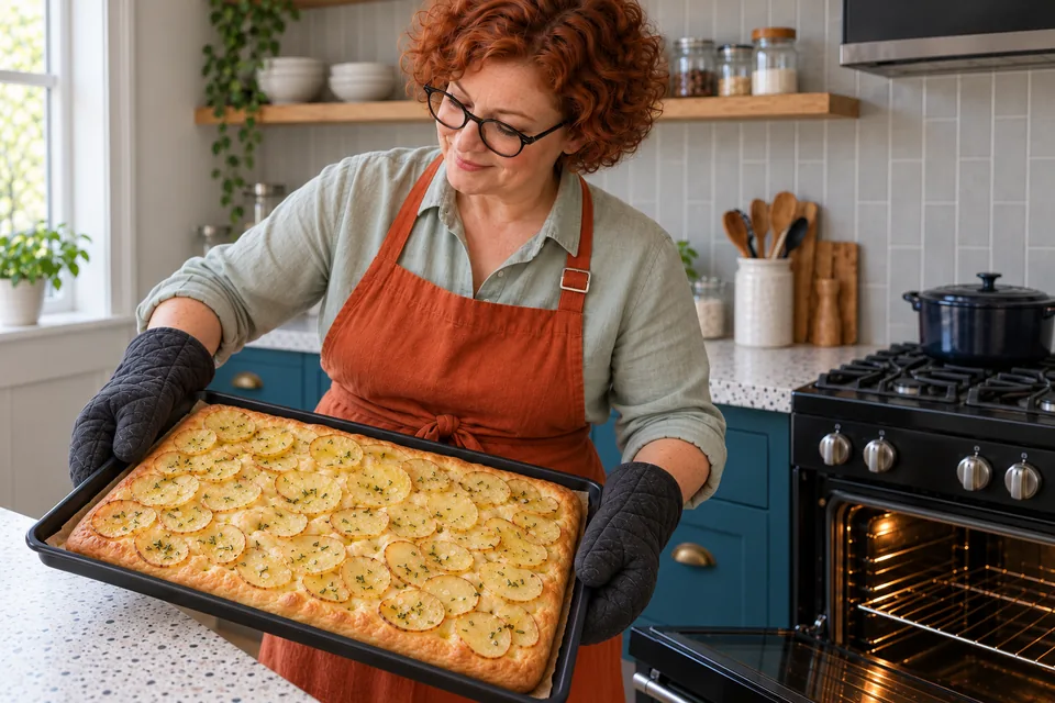 The cook supports a golden potato-and-rosemary focaccia.