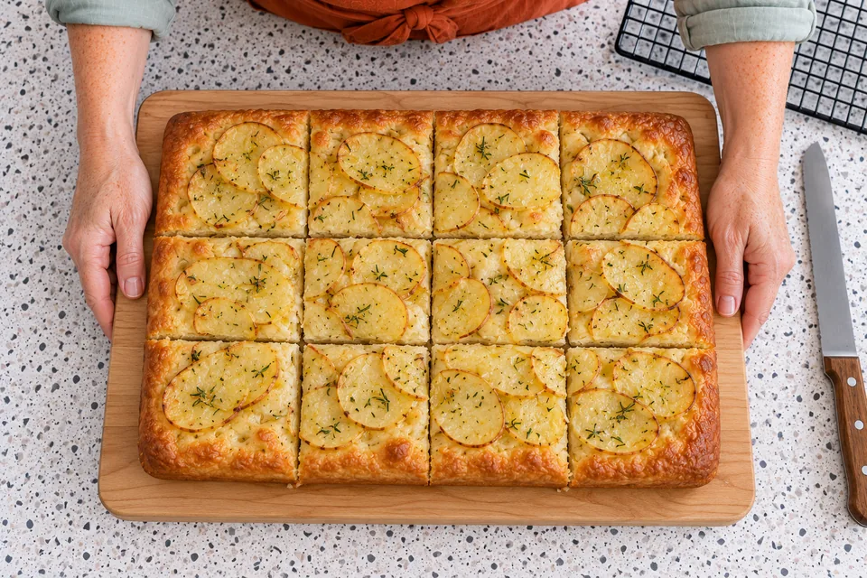 Twelve pieces remain arranged as one rectangular focaccia.
