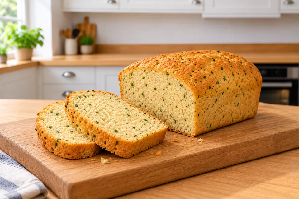 A cut ricotta and chive loaf with two slices showing its tender, herb-flecked crumb.