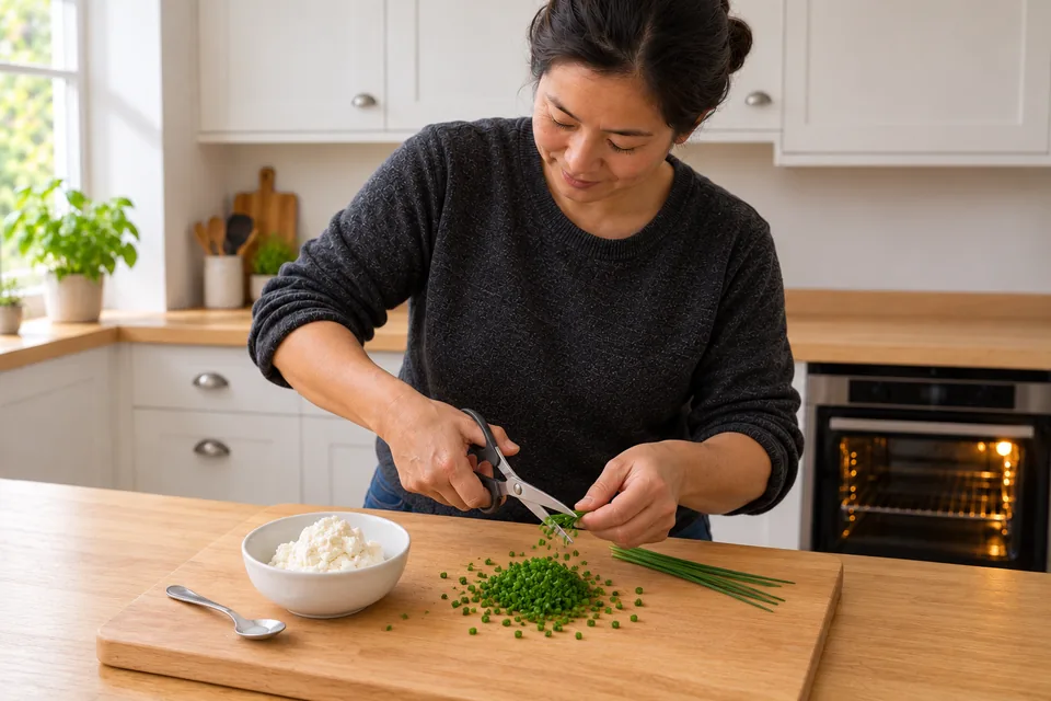 The cook snips fresh chives beside a small bowl of drained ricotta.