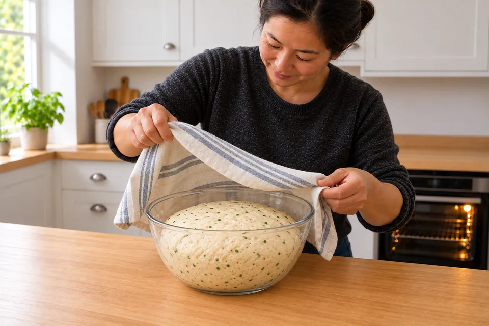 The cook lifts the cover from an airy, chive-flecked dough in a glass bowl.