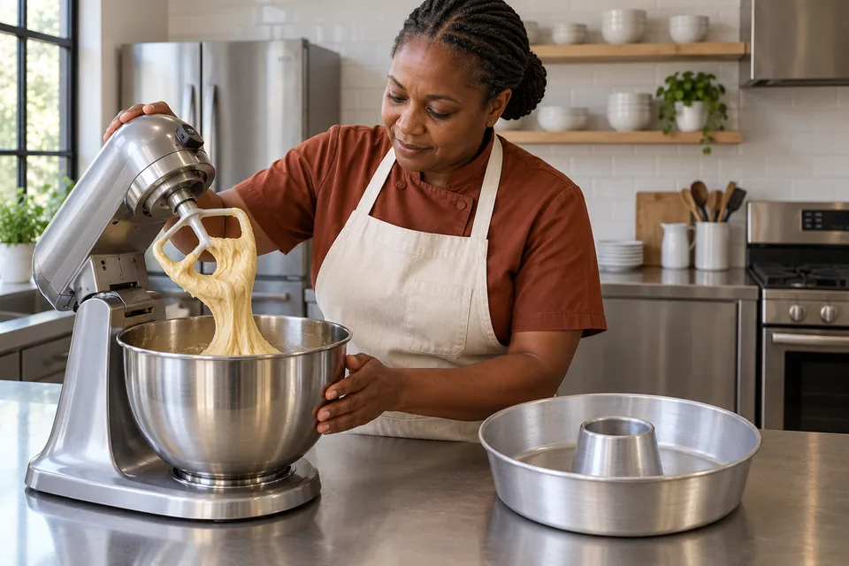 A thick ribbon of enriched yeast dough falling from a raised mixer paddle into its bowl.