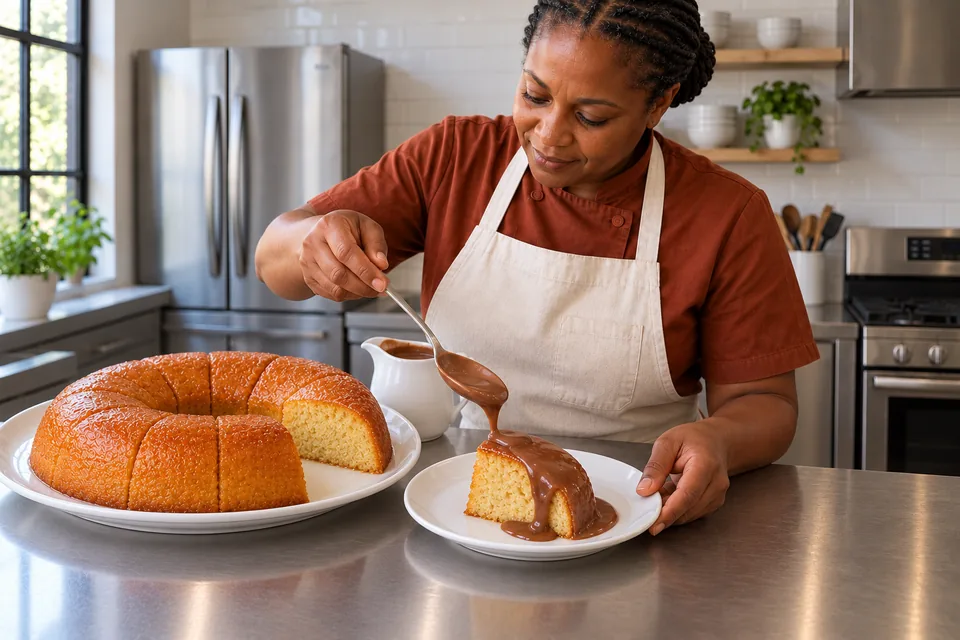 Chocolate custard being spooned over a savarin slice beside the remaining cut ring.