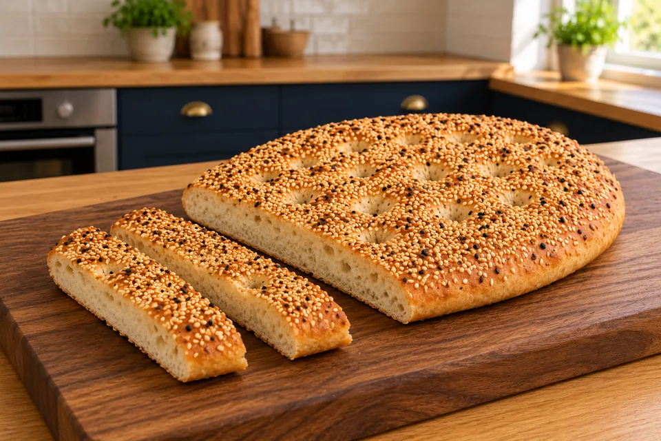 Food-onlyhero: ONEseededovalshortenedbyEXACTLYTWOremovedshortstrips,2stripsbeside, secondwholebreadoutofframe. Setcreamcrumb thinflatbread/no huge loaf, toastedseedtop/dimples.
