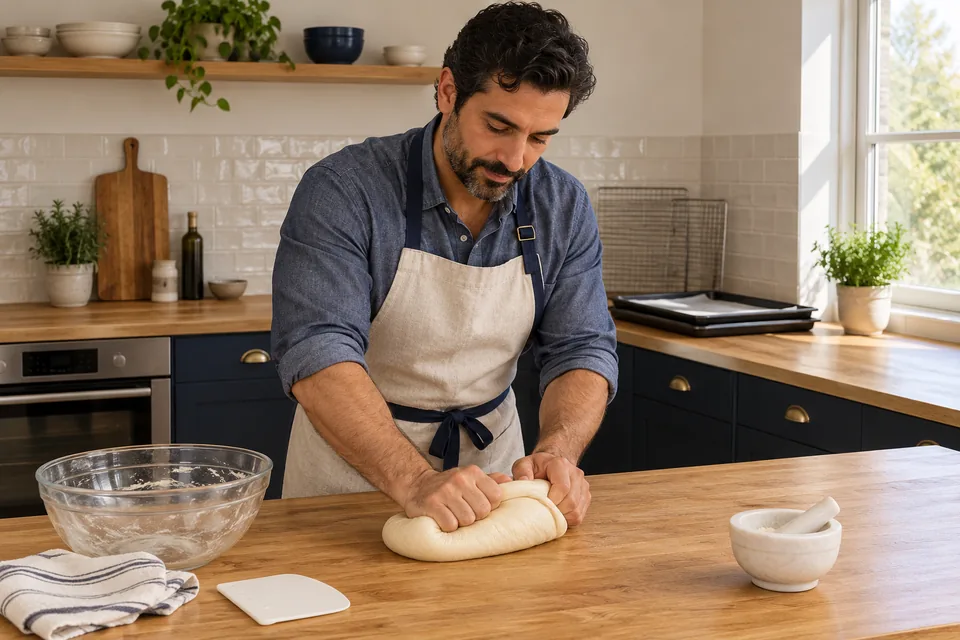 Hand-knead one892.5g smooth plain oil dough; white mortar/pestle with fine flour residue, mastic already incorporated, no resin lumps, seeds absent.