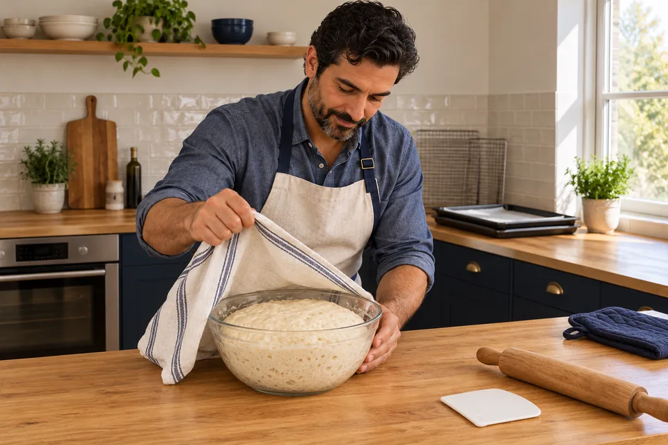 One airy roughlydoubled plain dough in3Lglassbowl withheadroom, stripedclothlift;60-120min.