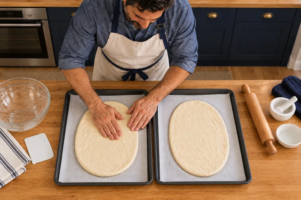 ExactlyTWO plainrawovals25x18cm1cmthick onTWO separatecharcoal30x40papertrays, no seeds/dimples; no extra dough.