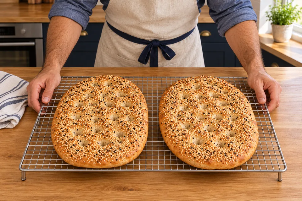 ExactlyTWO wholeUNCUT bakedseededovalbreadsonextra-largeSILVERraisedrack, whitepaper/traysremoved, cool30.