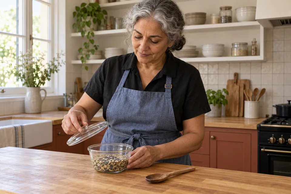 The cook lifts a cover from a small bowl of wet mixed seeds.