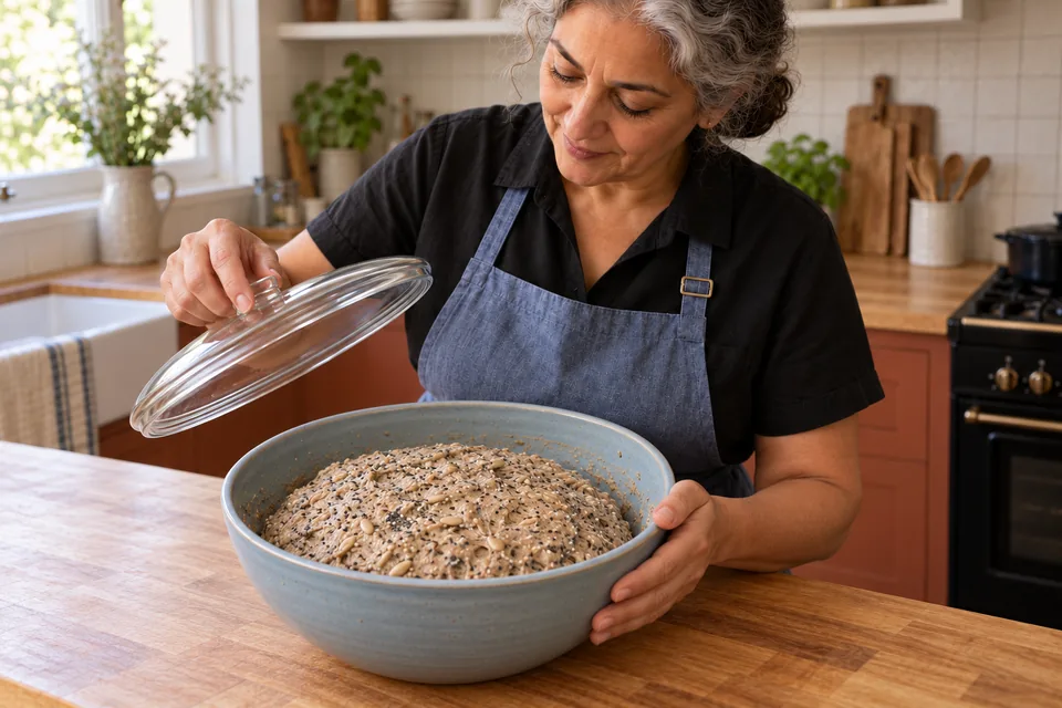 The cook uncovers an aerated mound of seeded rye dough in the blue bowl.
