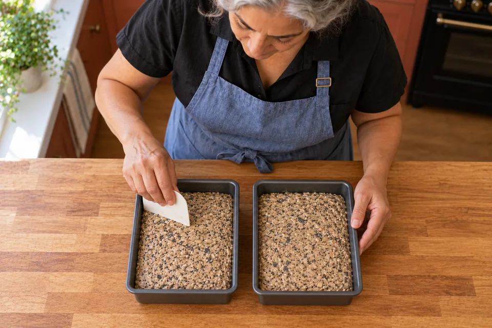 Two small loaf tins hold equal amounts of levelled seeded rye dough.
