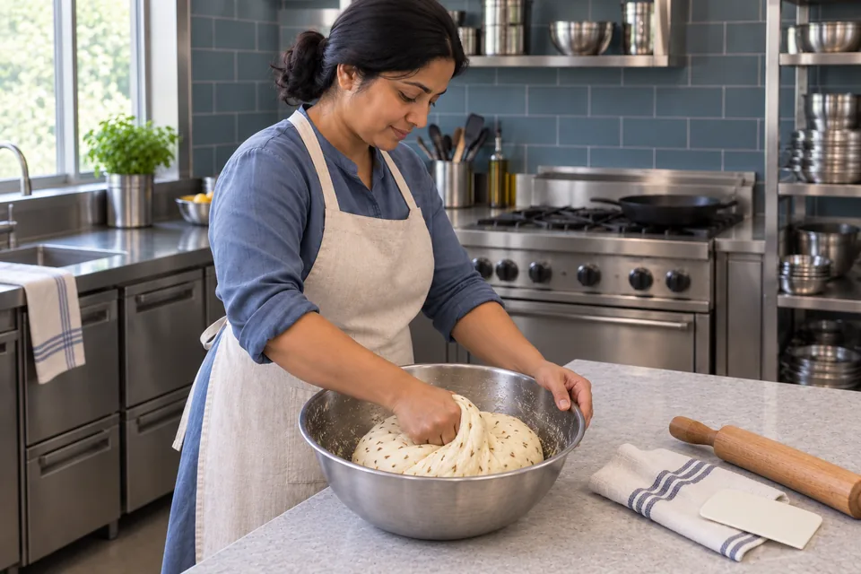 The cook kneads soft dough containing small brown cumin and caraway seeds in a steel bowl.