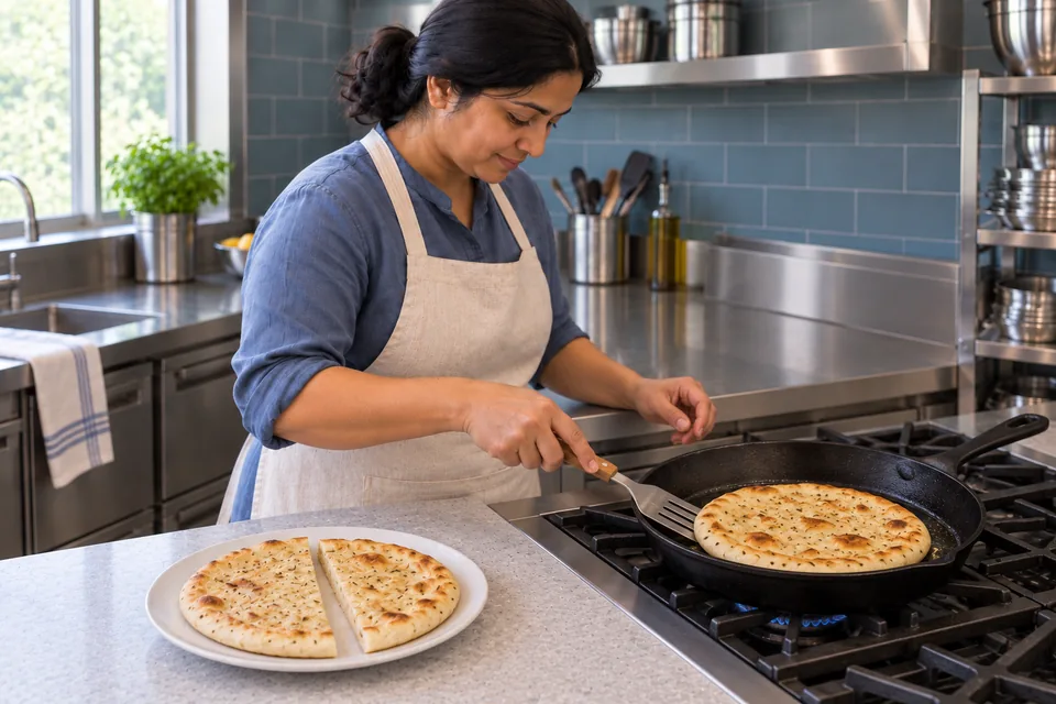 One naan cooks in the pan while two halves of the first bread show its set centre beside it.