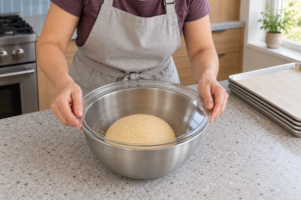 Hands cover a steel bowl holding a compact firm semolina dough.