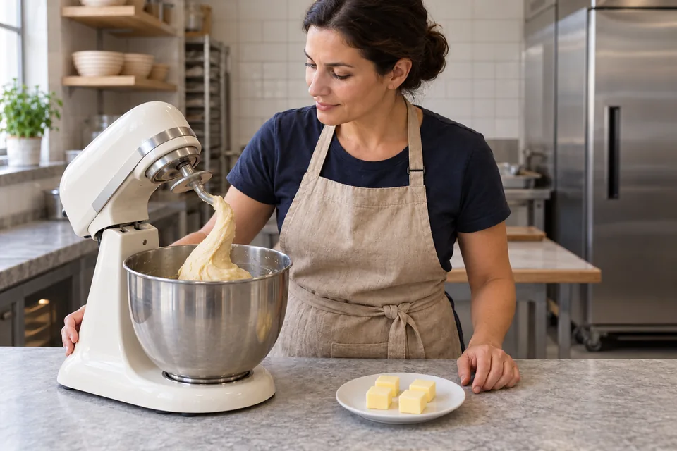 Cook beside a stopped cream stand mixer with dough on its hook and four small butter pieces.