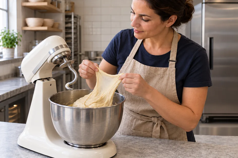 Hands stretch a small flap of smooth pale enriched dough over the steel mixer bowl.