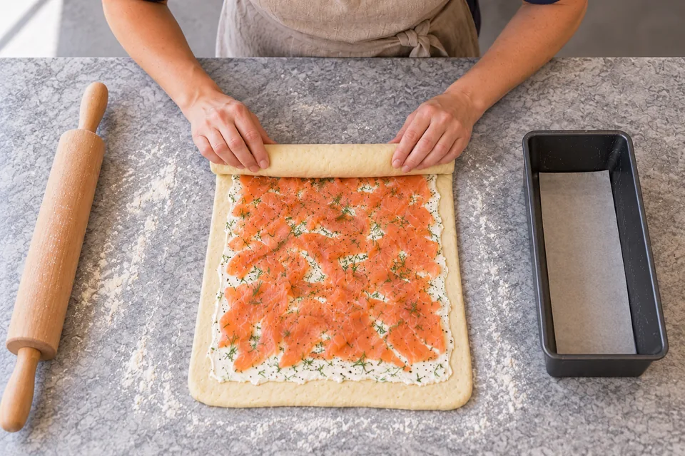 Hands begin rolling a rectangle of dough spread thinly with salmon, crème fraîche and dill.