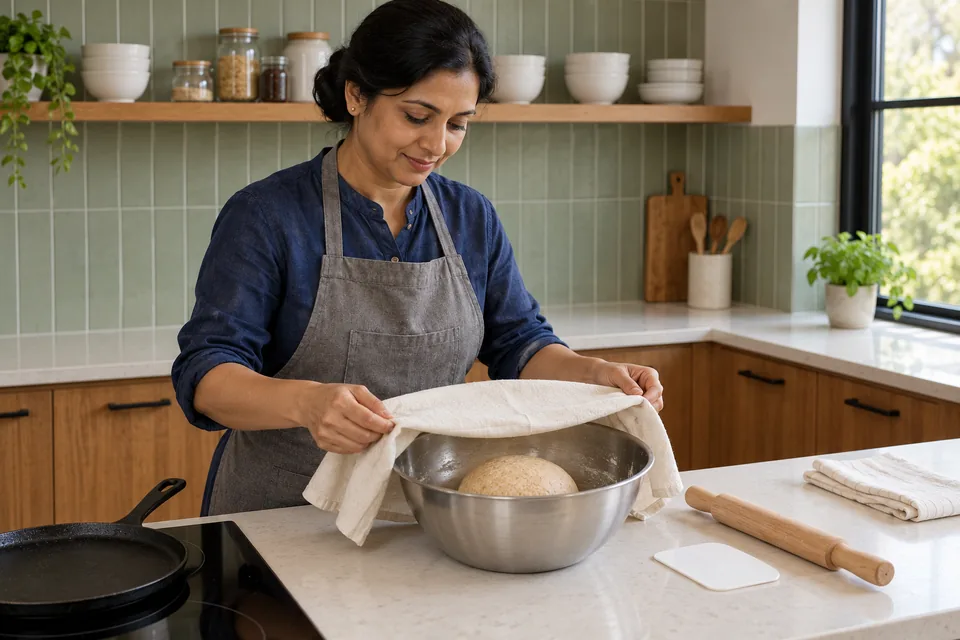 Cook covering one smooth whole-wheat dough in a steel bowl.