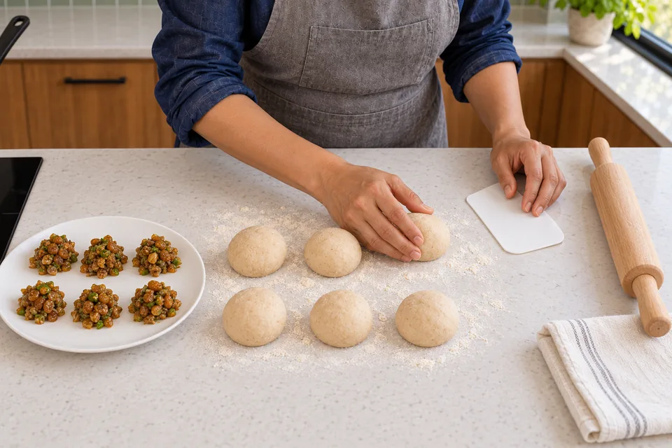 Six dough balls beside six small portions of spiced-sultana filling.