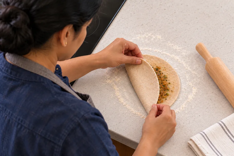 Hands folding one thin atta disc over its small sultana-and-chilli filling.