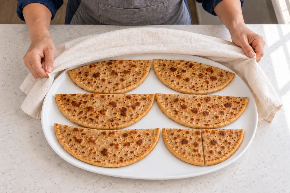 Five whole half-moon parathas and two quarters of the first test bread on a plate.