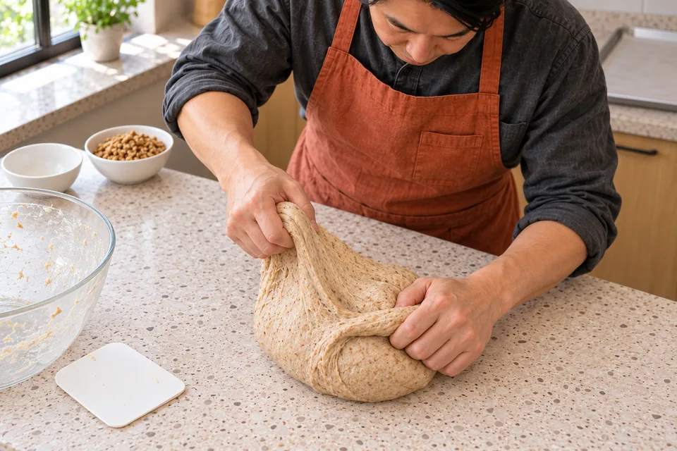 Hands develop an elastic wholemeal dough.