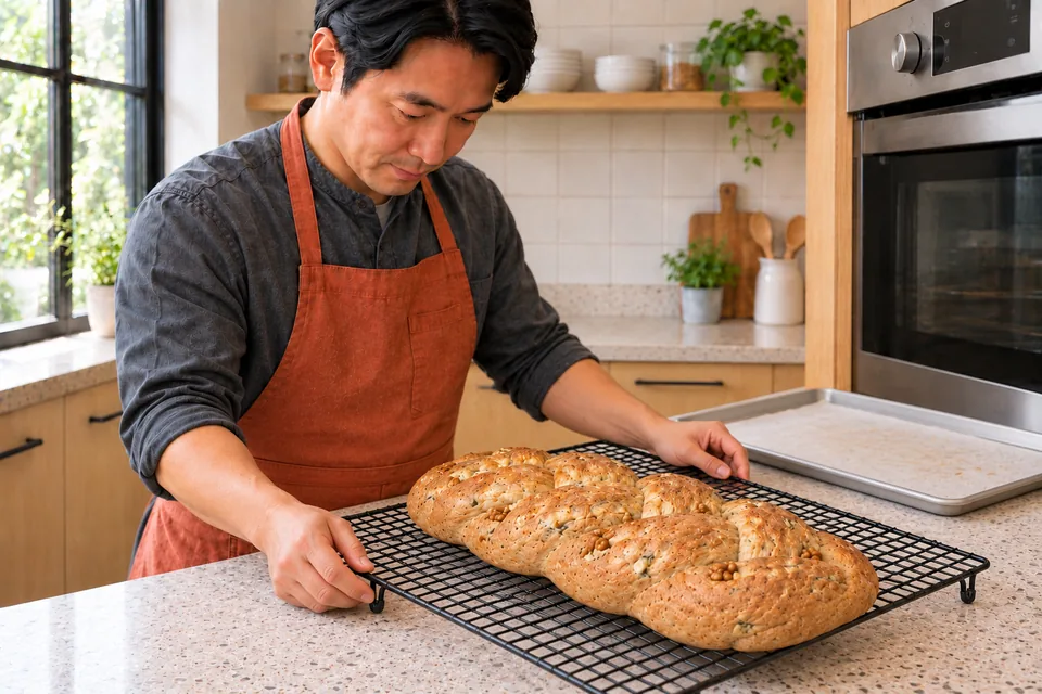 A whole Stilton and walnut braid cools on a wire rack.